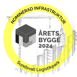 Emblem från byggindustrin med texten ÅRETS BYGGE 2024 - Nominerad Infrastruktur, Sundsvall Logistikpark 