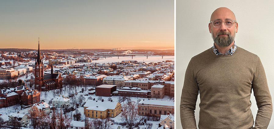 Ett bildmontage. Till vänster en bild över Sundsvalls stad med GA-kyrkan som höjer sig mot skyn. Till höger står Fredrik Eriksson iklädd blommig skjorta och beige tröja.