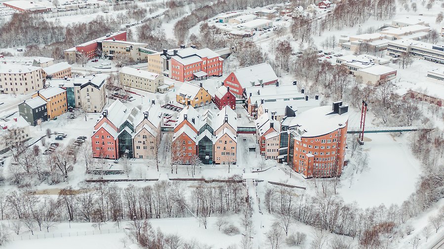 Drönarbild över Mittuniversitetets alla byggnader på vintertid.